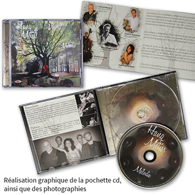 Publicitaire - PAO - Création graphique - de pochette CD musiciens - réalisation des photos - Hang Metiss